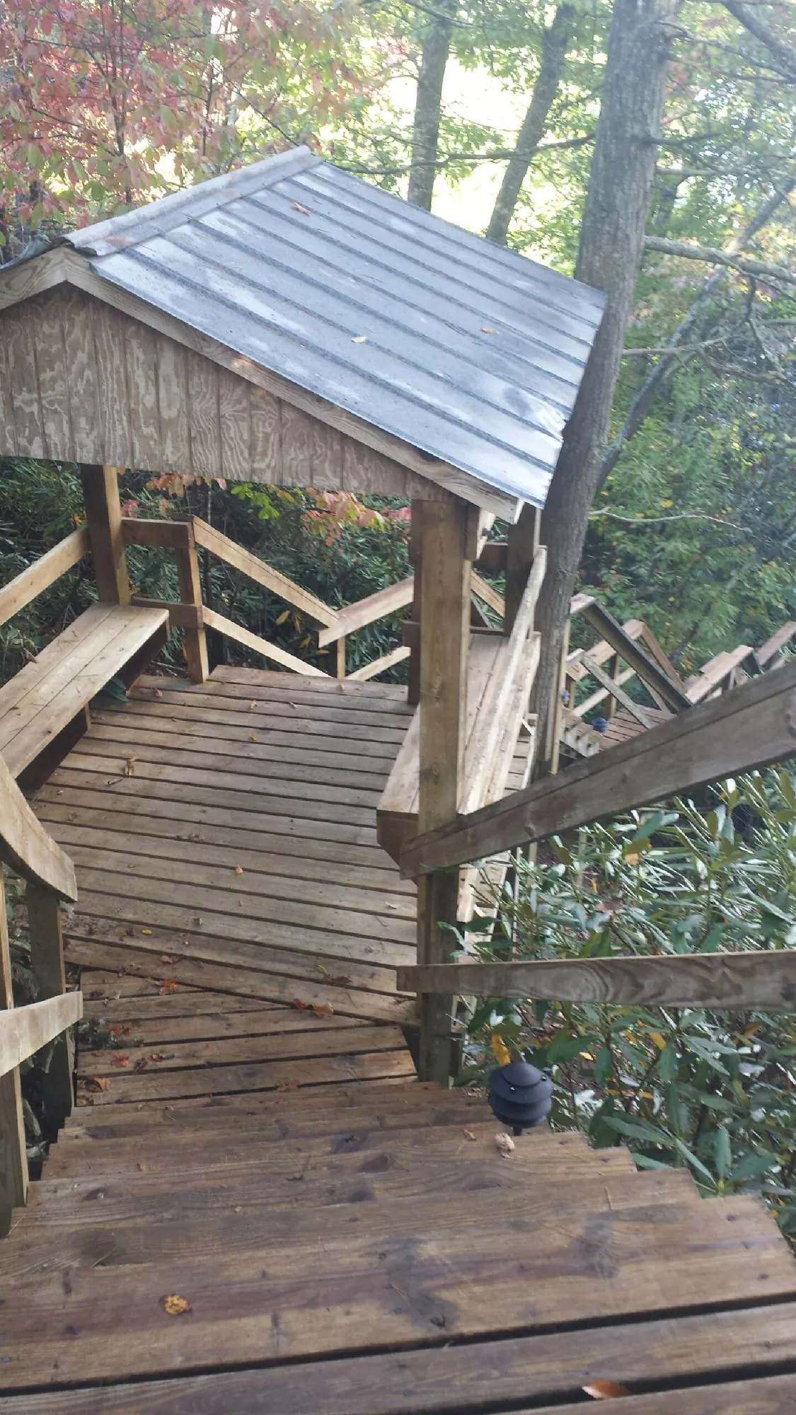 Metal roofed shelter over wooden steps on a wooded walkway — Skylight Repair & Installation work by our crew in Marshallville
